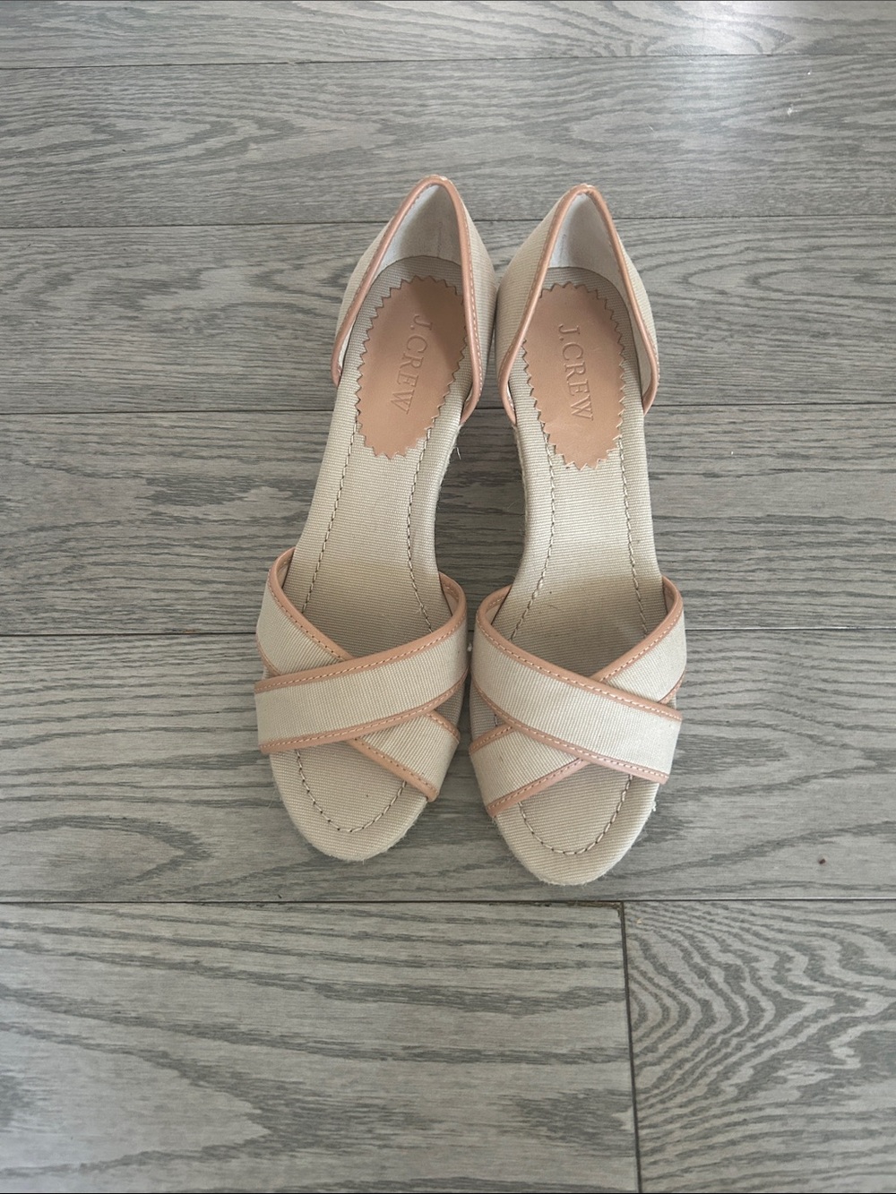 J. Crew Beige Canvas D'Orsay Heels with Peach Trim